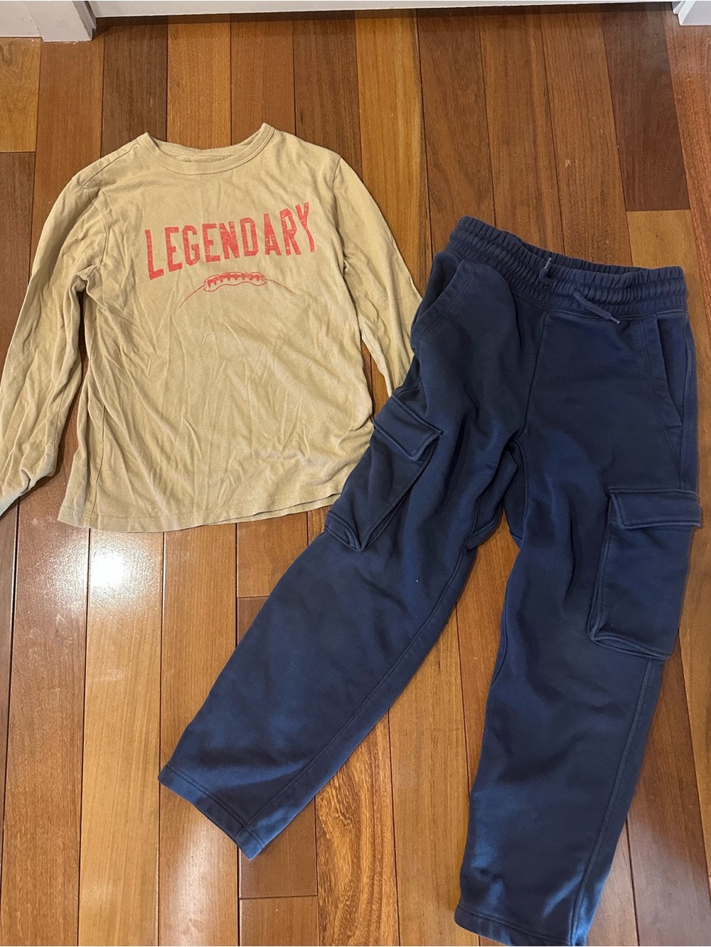 Kids Cargo Joggers in Navy and Long Sleeve Tee in Tan